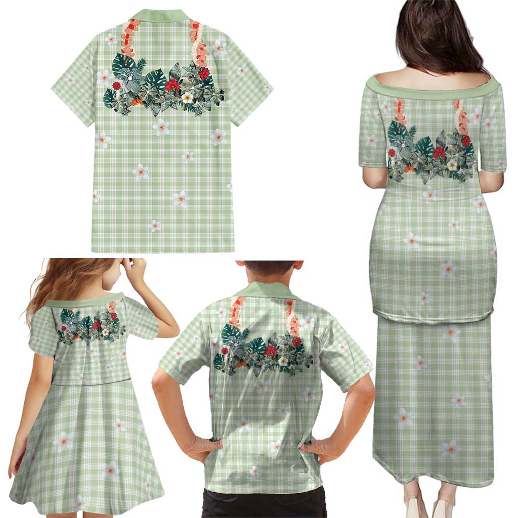 Sage Green Hawaiian Palaka Family Matching Puletasi and Hawaiian Shirt Kukui Nut Money Lei LT9 - Polynesian Pride