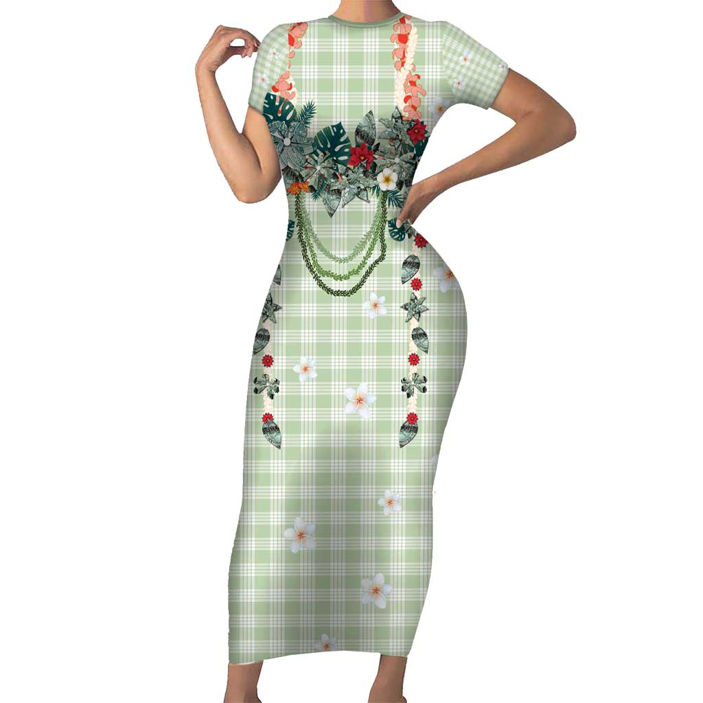 Sage Green Hawaiian Palaka Family Matching Short Sleeve Bodycon Dress and Hawaiian Shirt Kukui Nut Money Lei LT9 Mom's Dress Green - Polynesian Pride