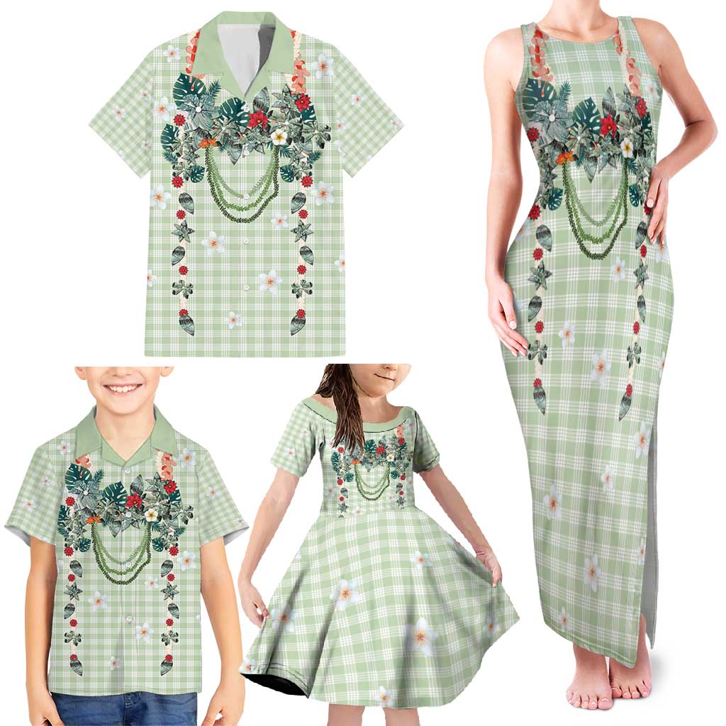 Sage Green Hawaiian Palaka Family Matching Tank Maxi Dress and Hawaiian Shirt Kukui Nut Money Lei - Polynesian Pride