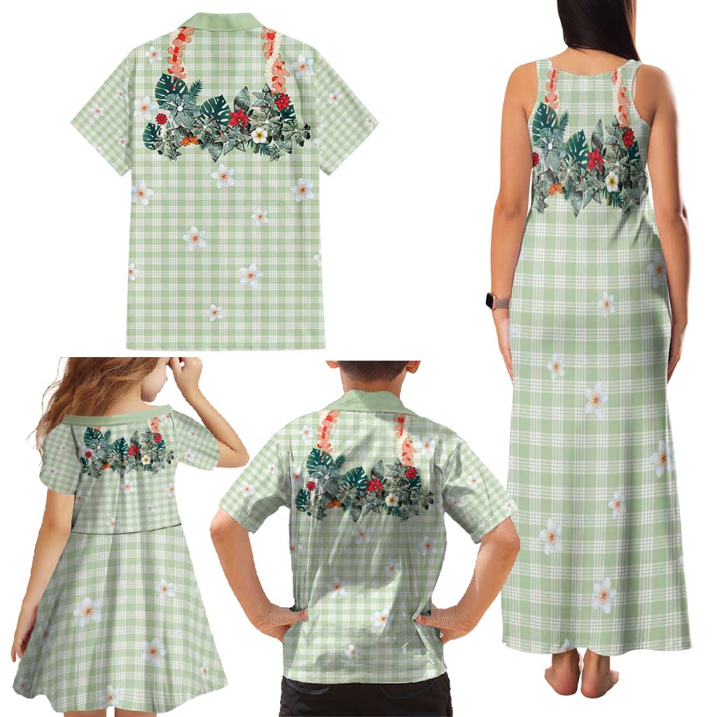 Sage Green Hawaiian Palaka Family Matching Tank Maxi Dress and Hawaiian Shirt Kukui Nut Money Lei - Polynesian Pride