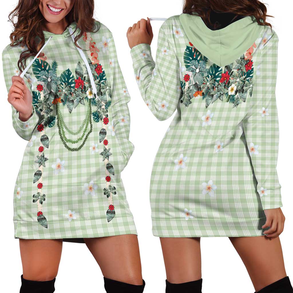 Sage Green Hawaiian Palaka Hoodie Dress Kukui Nut Money Lei - Polynesian Pride