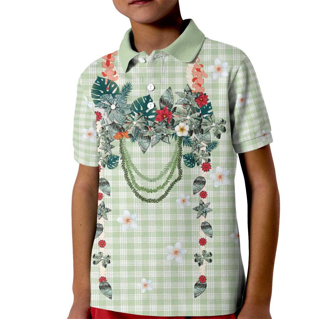 Sage Green Hawaiian Palaka Kid Polo Shirt Kukui Nut Money Lei - Polynesian Pride
