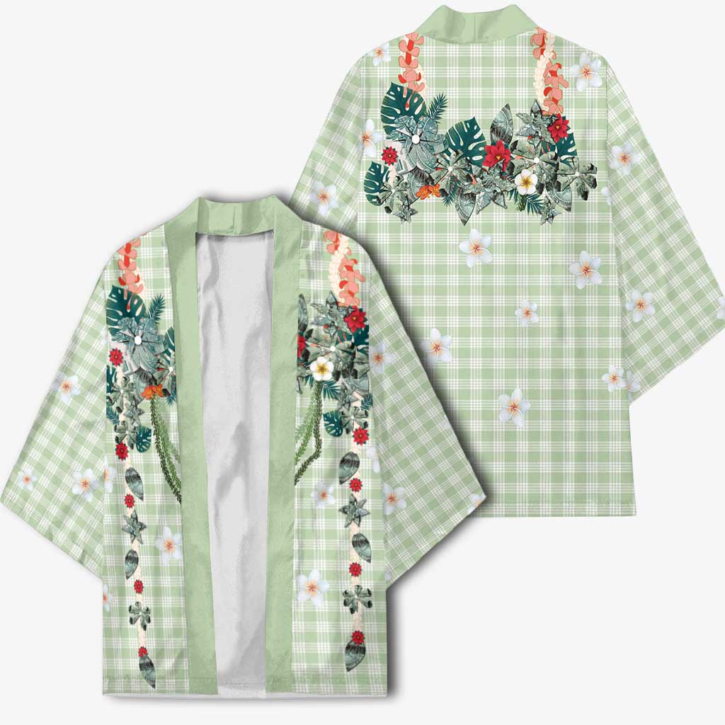 Sage Green Hawaiian Palaka Kimono Kukui Nut Money Lei - Polynesian Pride