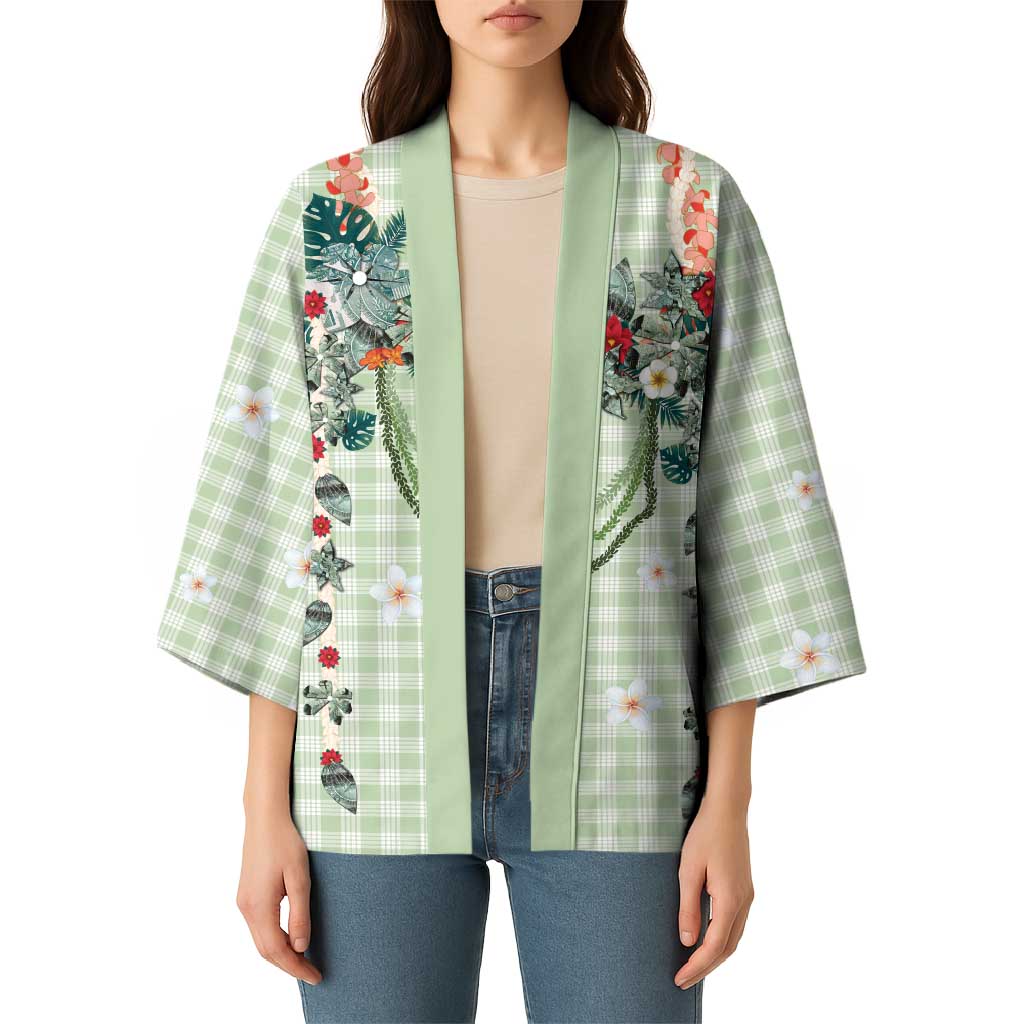 Sage Green Hawaiian Palaka Kimono Kukui Nut Money Lei - Polynesian Pride