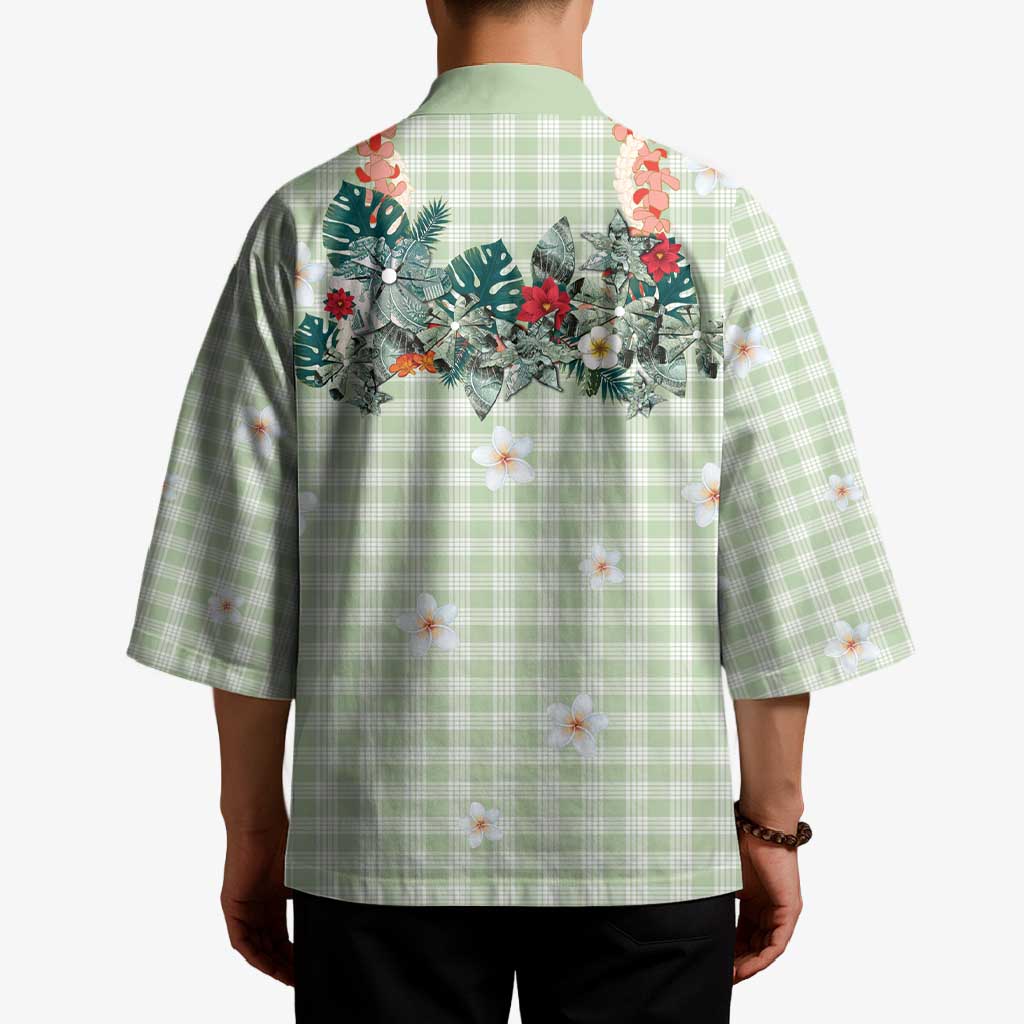 Sage Green Hawaiian Palaka Kimono Kukui Nut Money Lei - Polynesian Pride