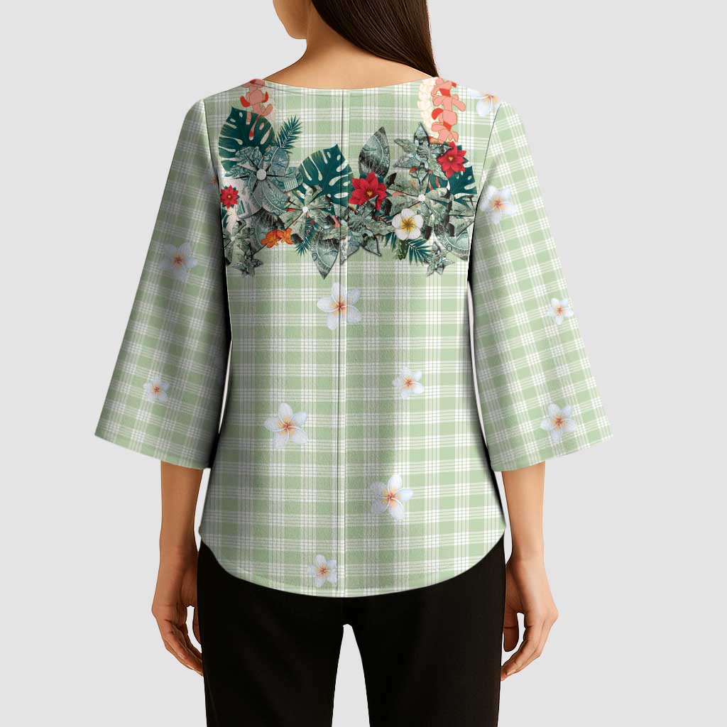 Sage Green Hawaiian Palaka Kimono Sleeve Blouse Kukui Nut Money Lei - Polynesian Pride