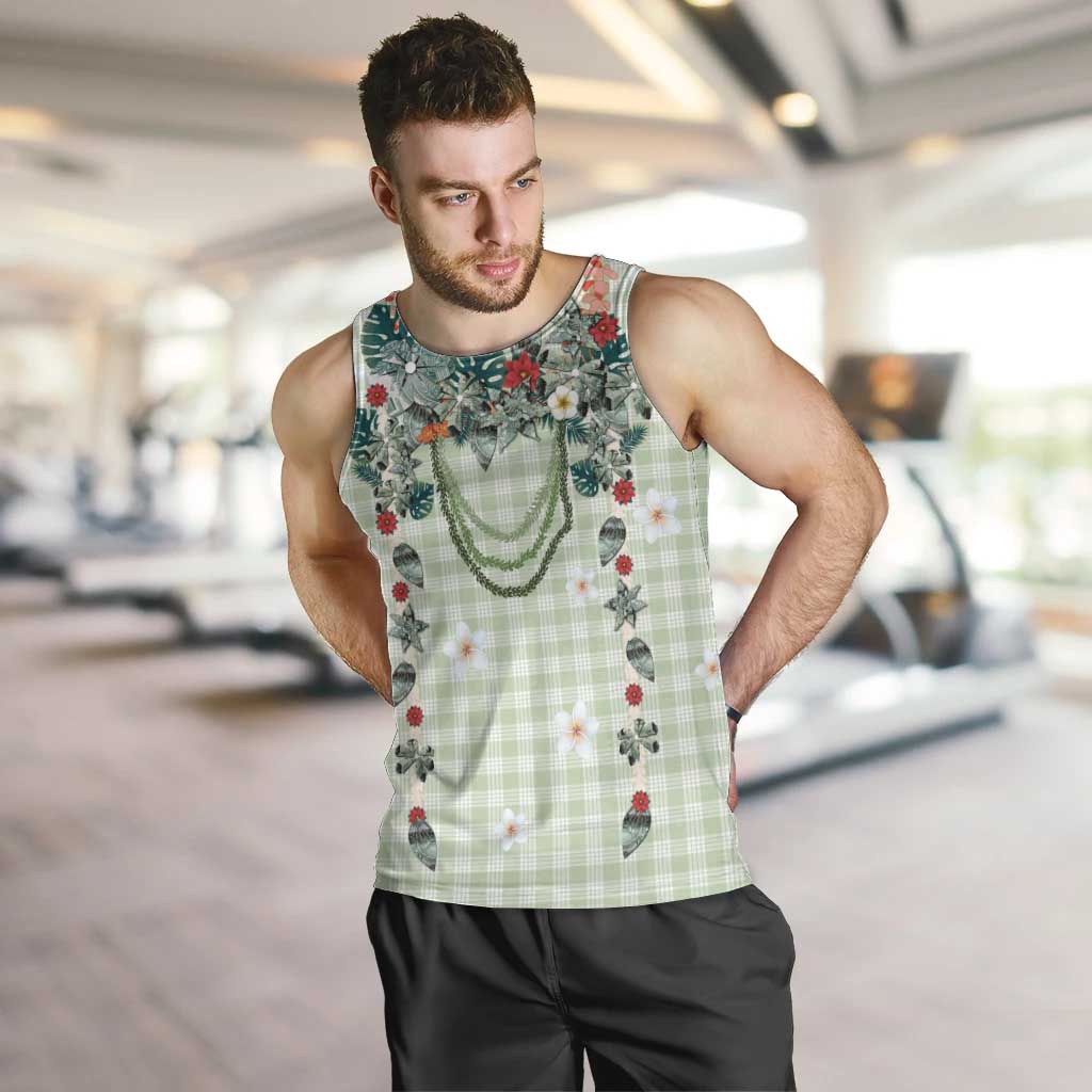 Sage Green Hawaiian Palaka Men Tank Top Kukui Nut Money Lei - Polynesian Pride