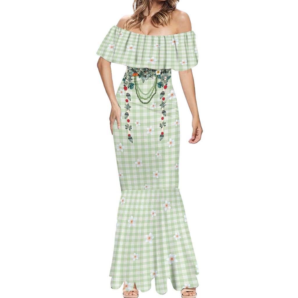 Sage Green Hawaiian Palaka Mermaid Dress Kukui Nut Money Lei - Polynesian Pride