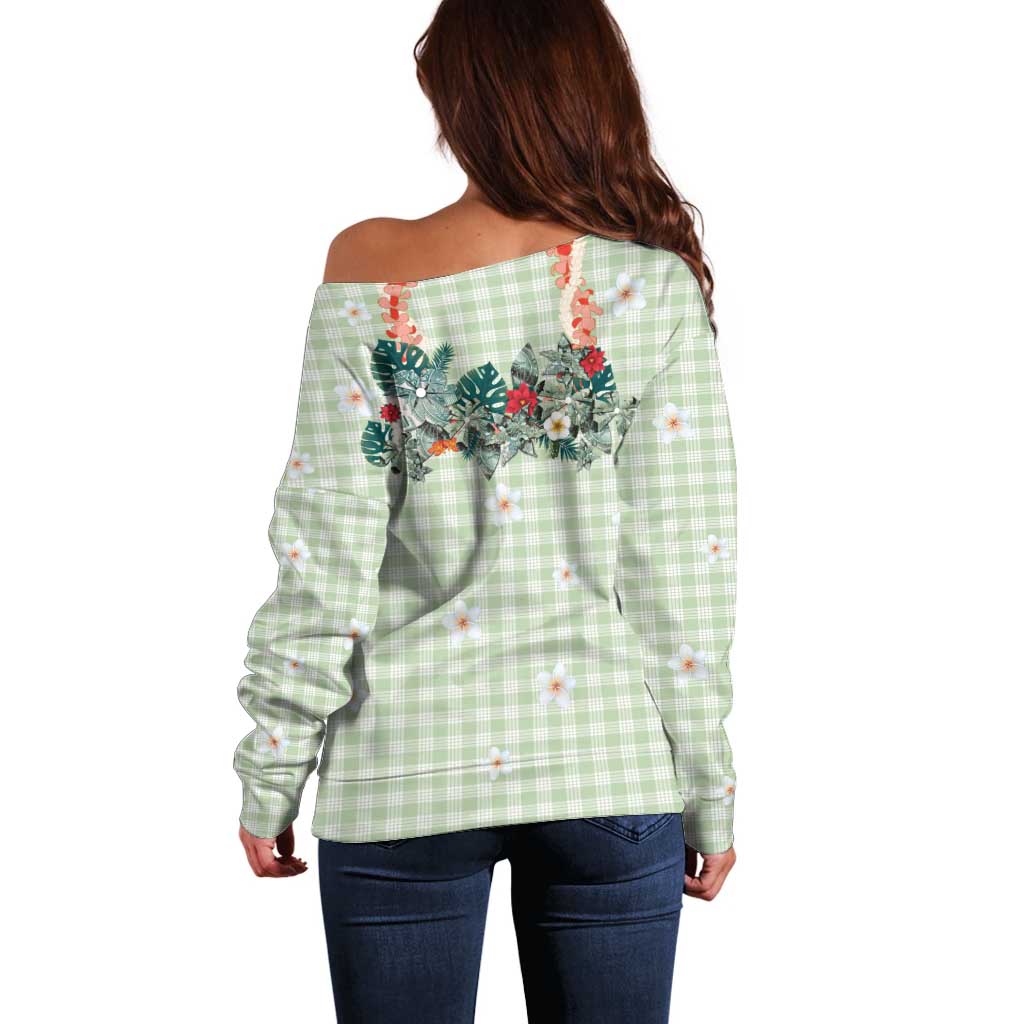 Sage Green Hawaiian Palaka Off Shoulder Sweater Kukui Nut Money Lei - Polynesian Pride