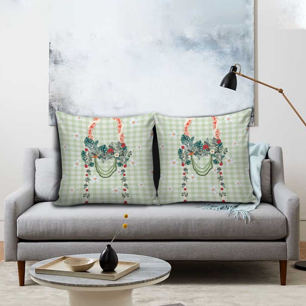 Sage Green Hawaiian Palaka Pillow Cover Kukui Nut Money Lei - Polynesian Pride