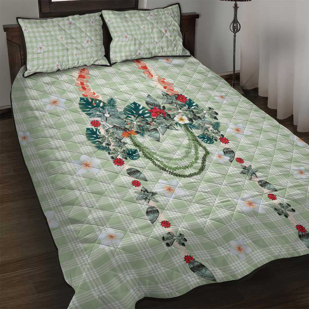 Sage Green Hawaiian Palaka Quilt Bed Set Kukui Nut Money Lei - Polynesian Pride