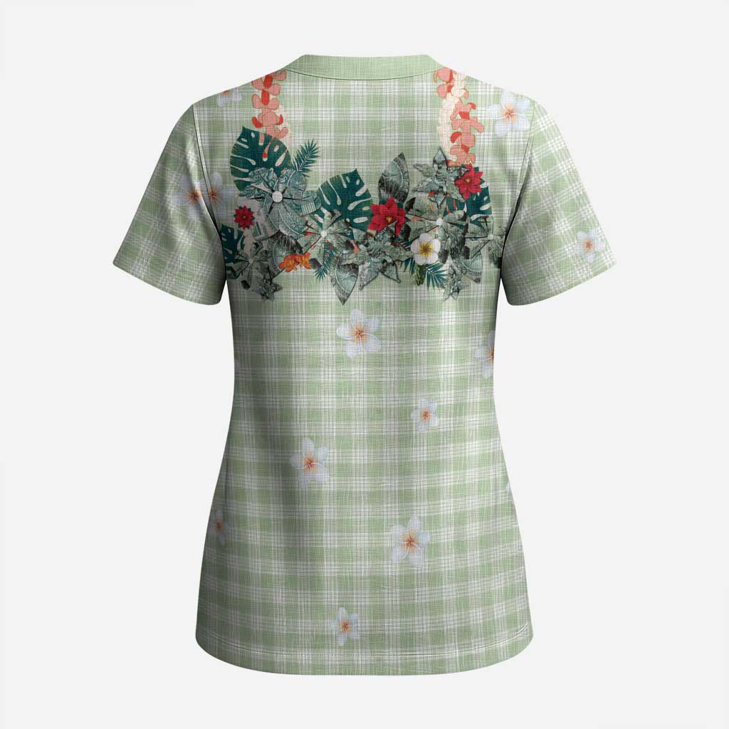 Sage Green Hawaiian Palaka Scrub Top Kukui Nut Money Lei - Polynesian Pride