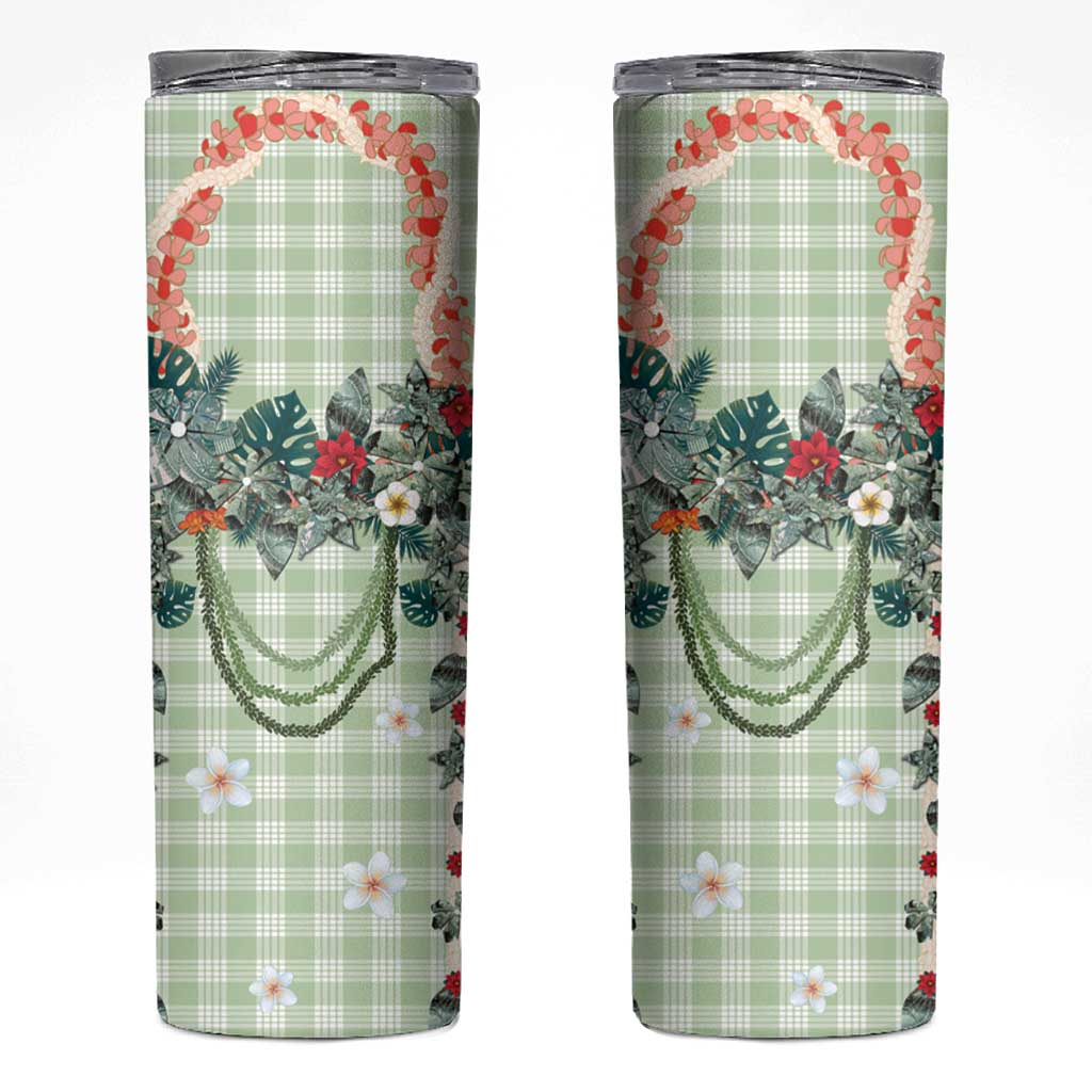 Sage Green Hawaiian Palaka Skinny Tumbler Kukui Nut Money Lei - Polynesian Pride