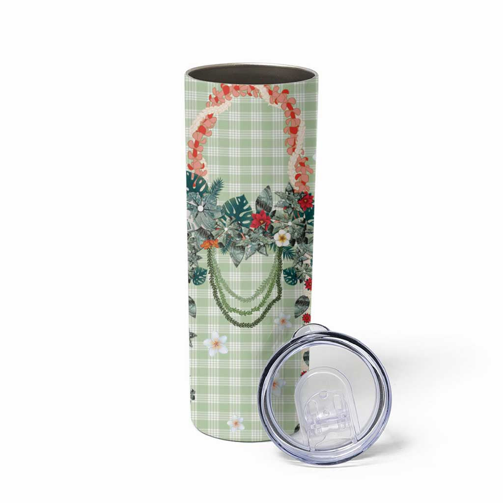 Sage Green Hawaiian Palaka Skinny Tumbler Kukui Nut Money Lei - Polynesian Pride