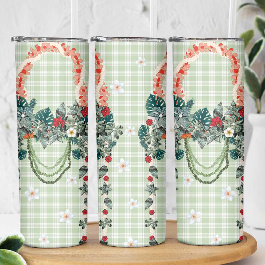 Sage Green Hawaiian Palaka Skinny Tumbler Kukui Nut Money Lei - Polynesian Pride