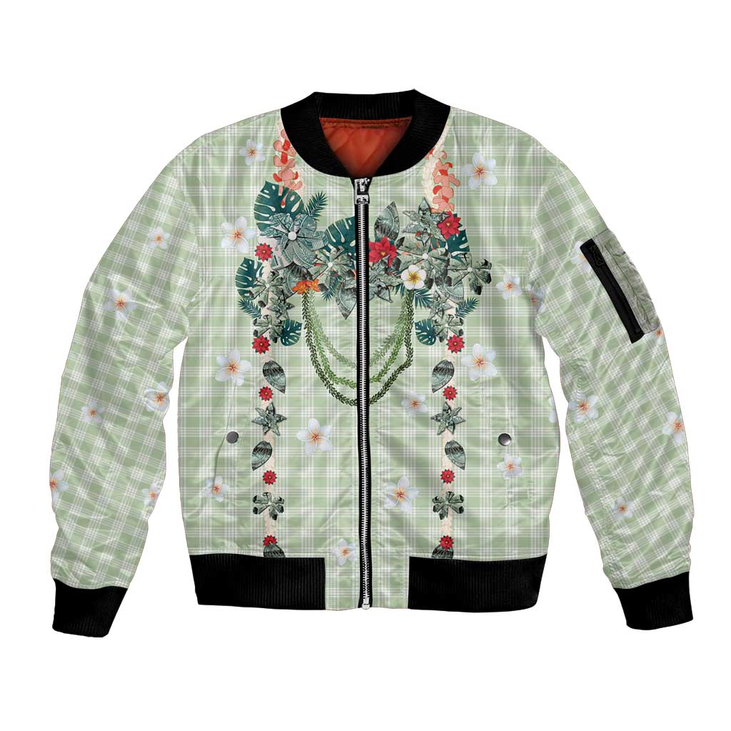 Sage Green Hawaiian Palaka Sleeve Zip Bomber Jacket Kukui Nut Money Lei - Polynesian Pride