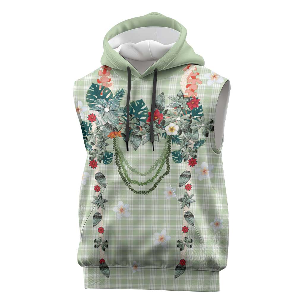 Sage Green Hawaiian Palaka Sleeveless Hoodie Kukui Nut Money Lei - Polynesian Pride