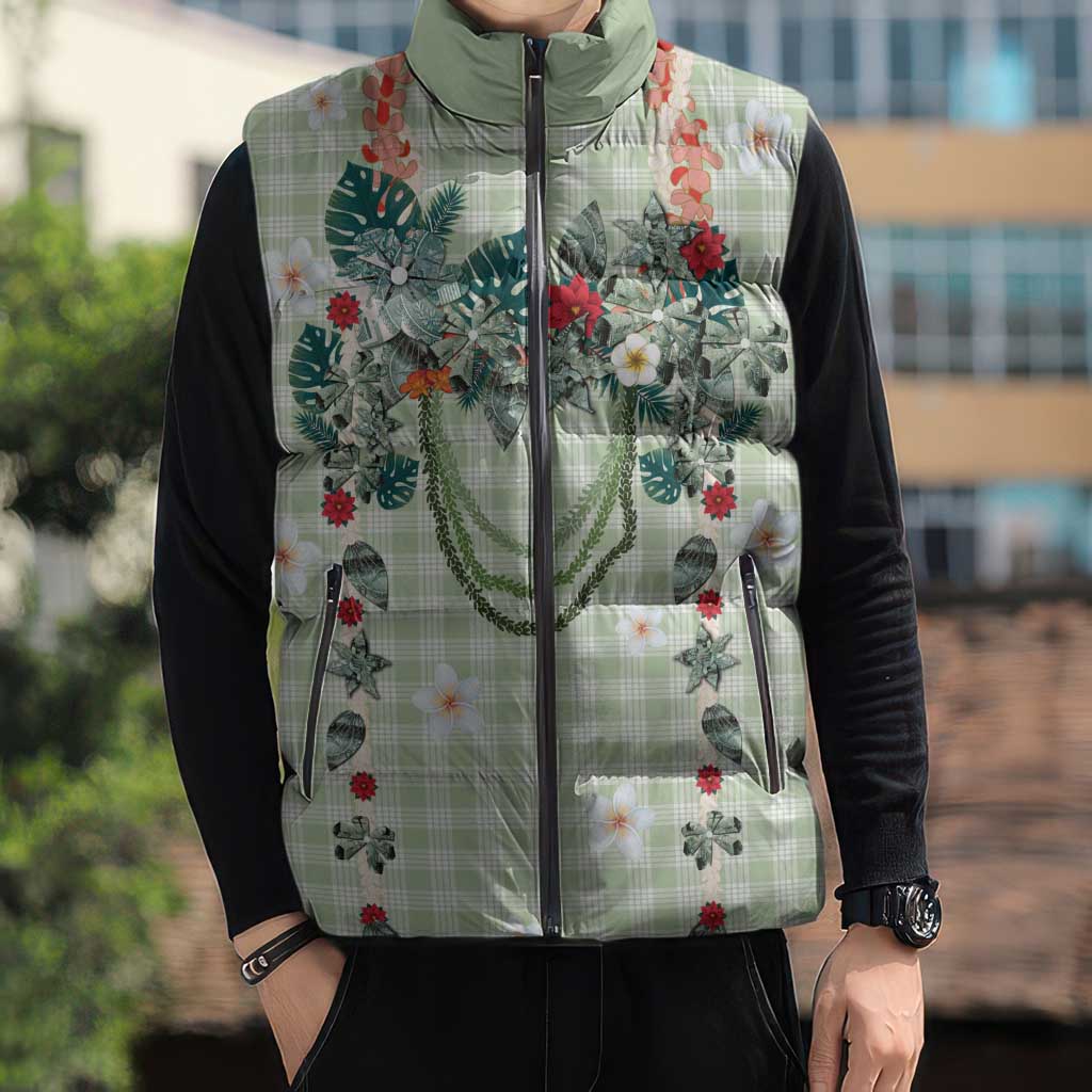 Sage Green Hawaiian Palaka Sleeveless Puffer Jacket Kukui Nut Money Lei - Polynesian Pride