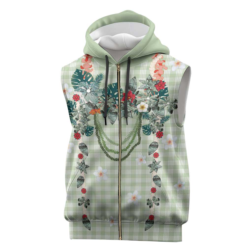 Sage Green Hawaiian Palaka Sleeveless Zip Hoodie Kukui Nut Money Lei - Polynesian Pride