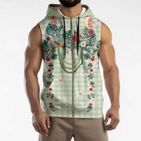Sage Green Hawaiian Palaka Sleeveless Zip Hoodie Kukui Nut Money Lei - Polynesian Pride