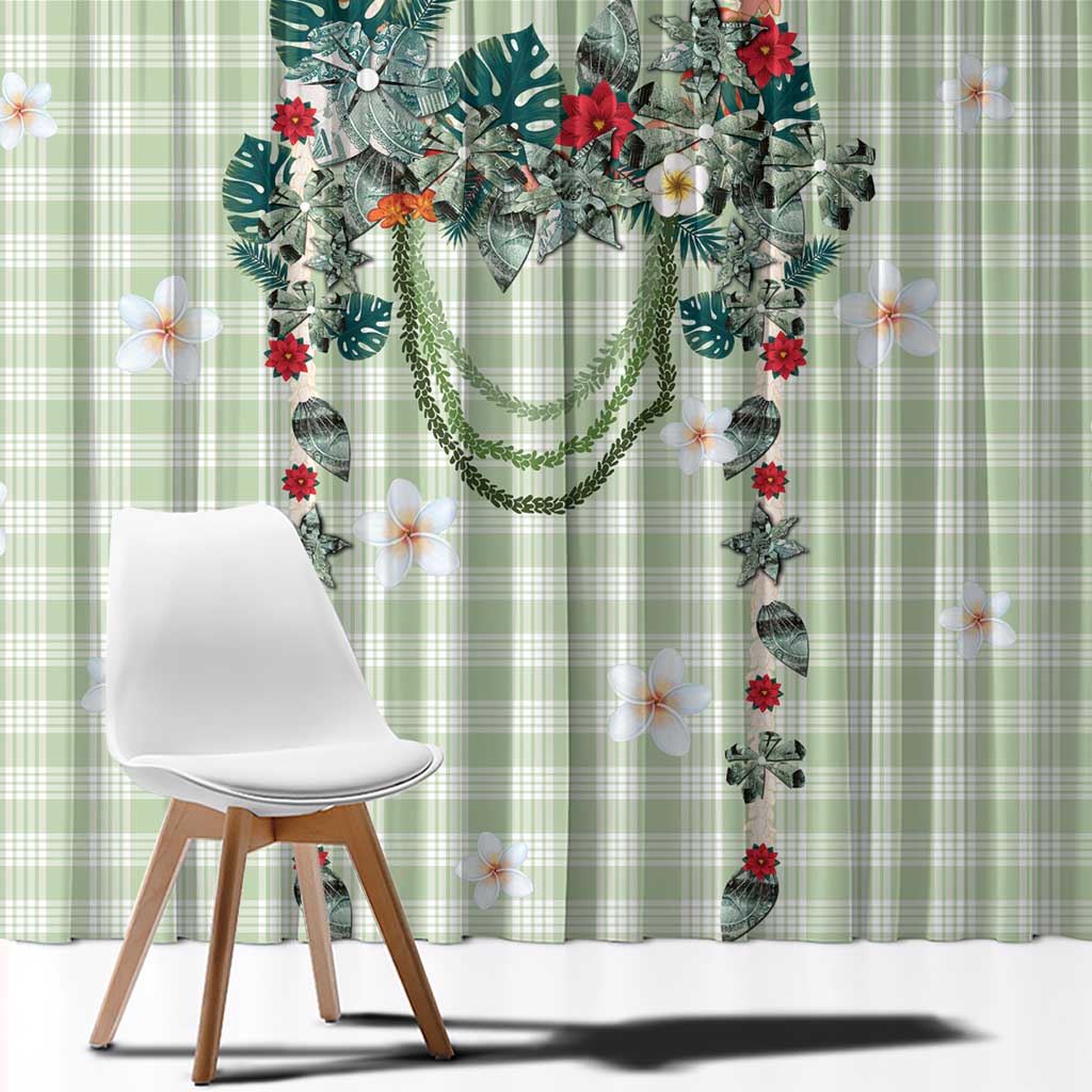 Sage Green Hawaiian Palaka Window Curtain Kukui Nut Money Lei - Polynesian Pride