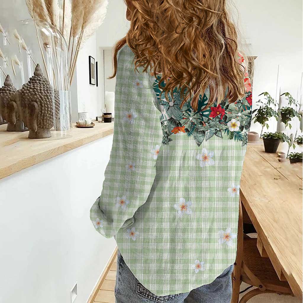 Sage Green Hawaiian Palaka Women Casual Shirt Kukui Nut Money Lei - Polynesian Pride