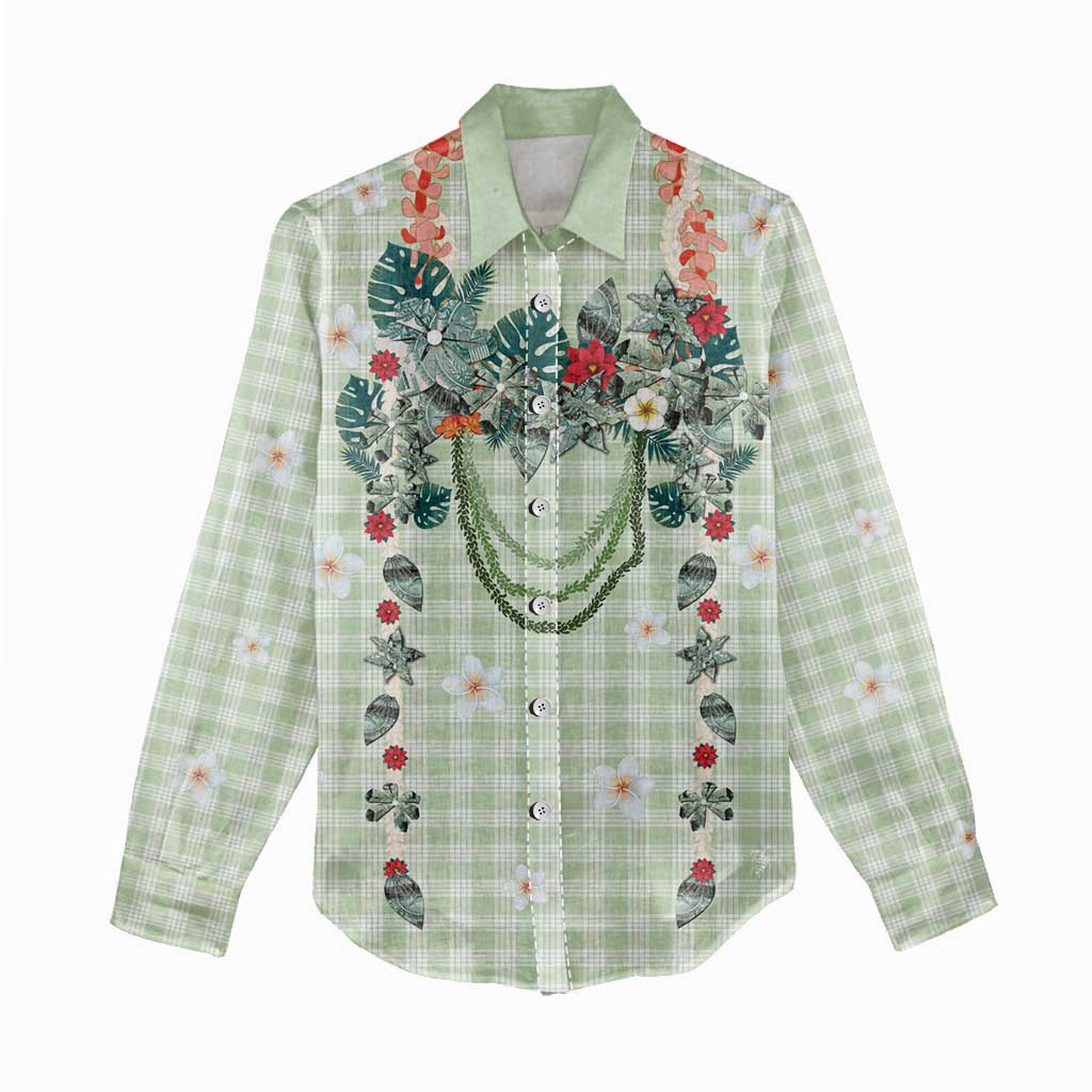Sage Green Hawaiian Palaka Women Casual Shirt Kukui Nut Money Lei - Polynesian Pride