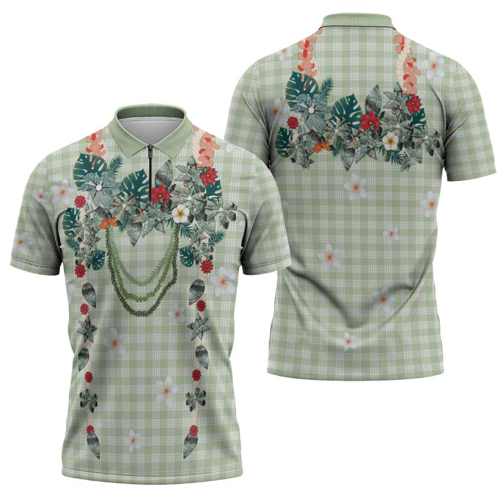 Sage Green Hawaiian Palaka Zipper Polo Shirt Kukui Nut Money Lei - Polynesian Pride