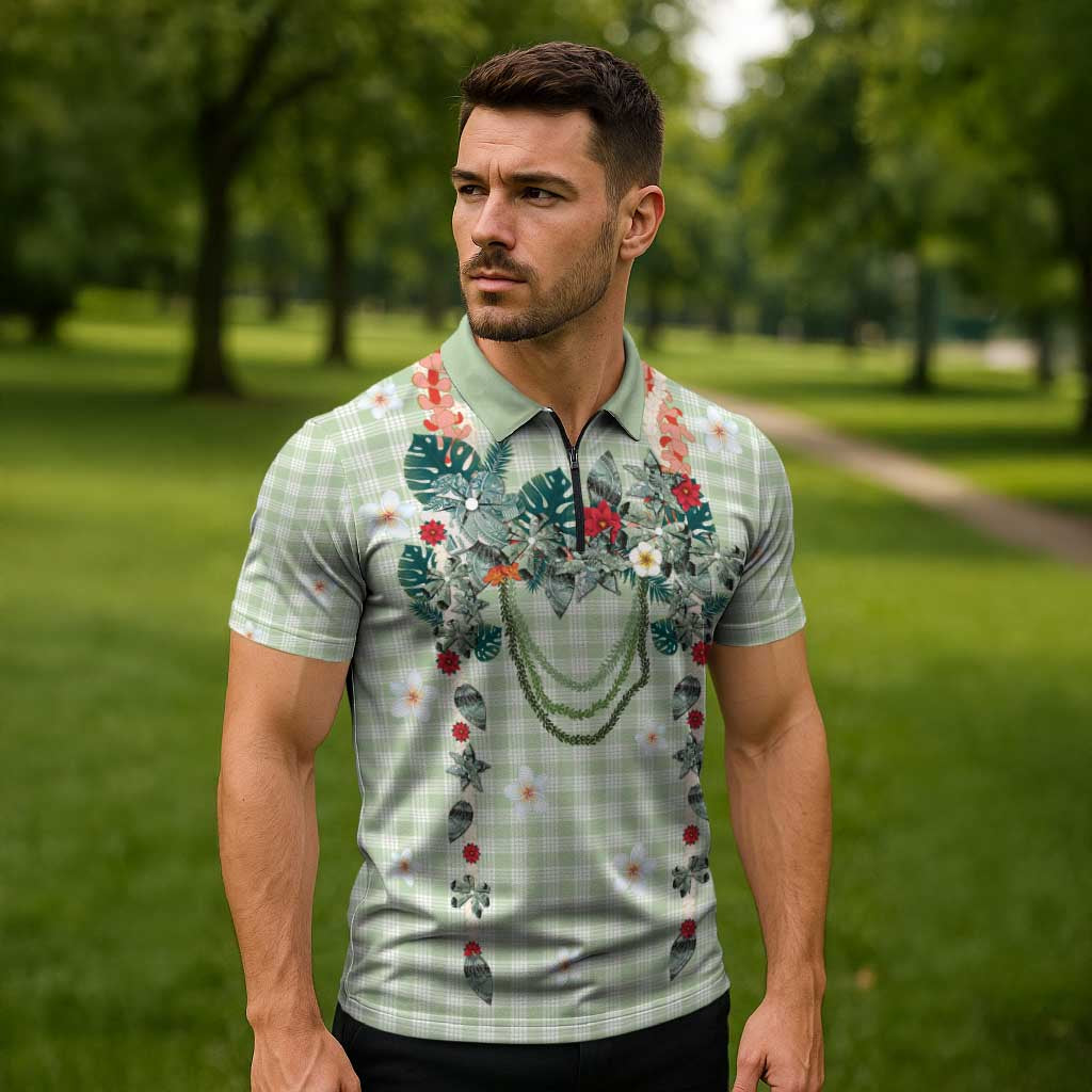 Sage Green Hawaiian Palaka Zipper Polo Shirt Kukui Nut Money Lei - Polynesian Pride