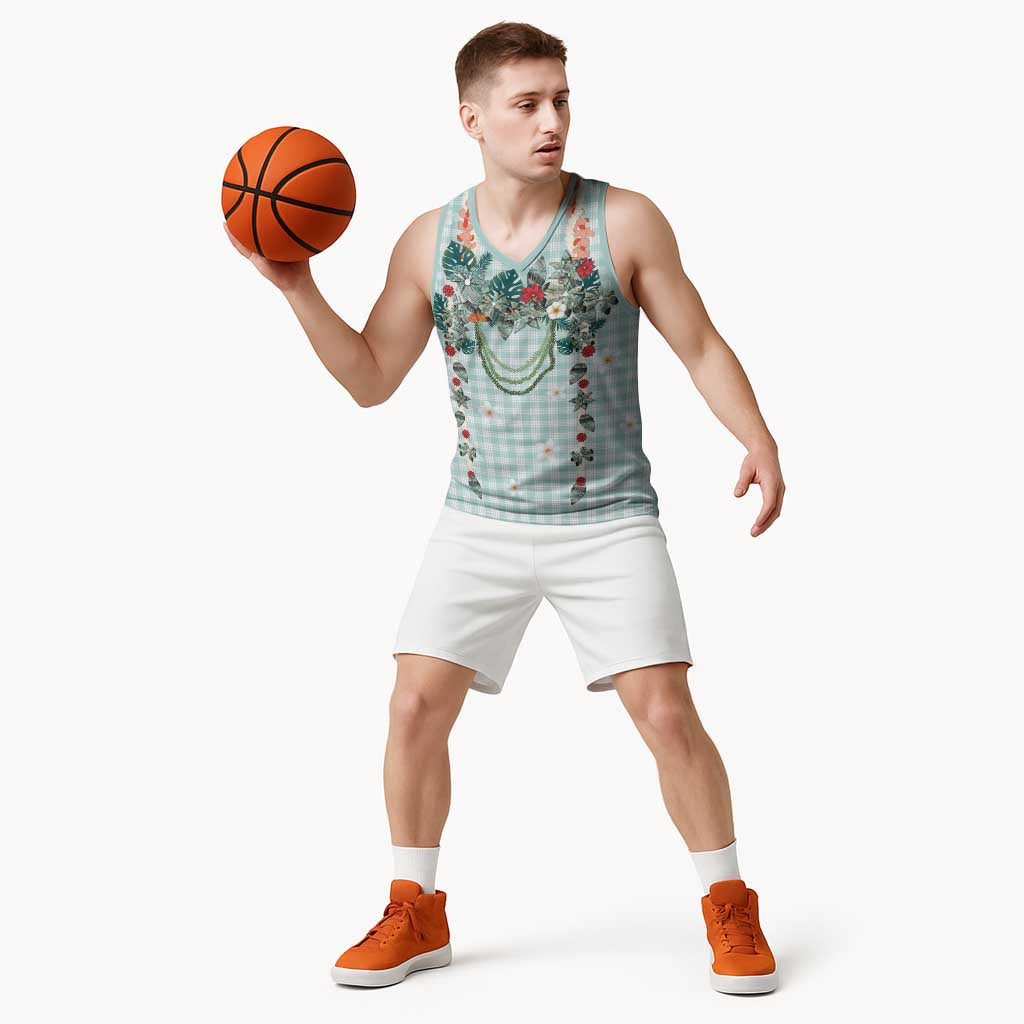 Turquoise Hawaiian Palaka Basketball Jersey Kukui Nut Money Lei - Polynesian Pride