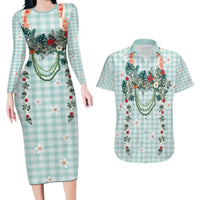 Turquoise Hawaiian Palaka Couples Matching Long Sleeve Bodycon Dress and Hawaiian Shirt Kukui Nut Money Lei LT9 Turquoise - Polynesian Pride