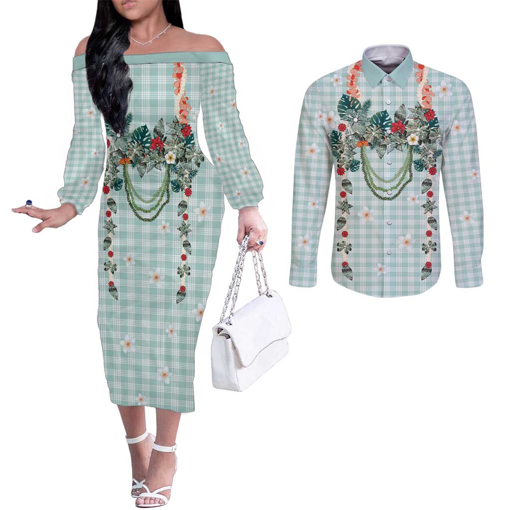 Turquoise Hawaiian Palaka Couples Matching Off The Shoulder Long Sleeve Dress and Long Sleeve Button Shirt Kukui Nut Money Lei - Polynesian Pride