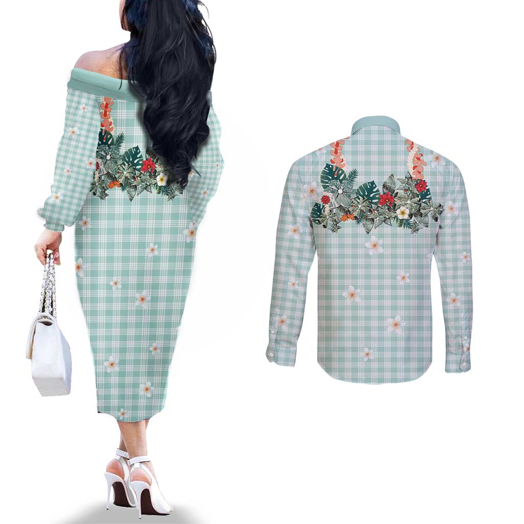 Turquoise Hawaiian Palaka Couples Matching Off The Shoulder Long Sleeve Dress and Long Sleeve Button Shirt Kukui Nut Money Lei - Polynesian Pride