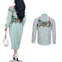 Turquoise Hawaiian Palaka Couples Matching Off The Shoulder Long Sleeve Dress and Long Sleeve Button Shirt Kukui Nut Money Lei - Polynesian Pride
