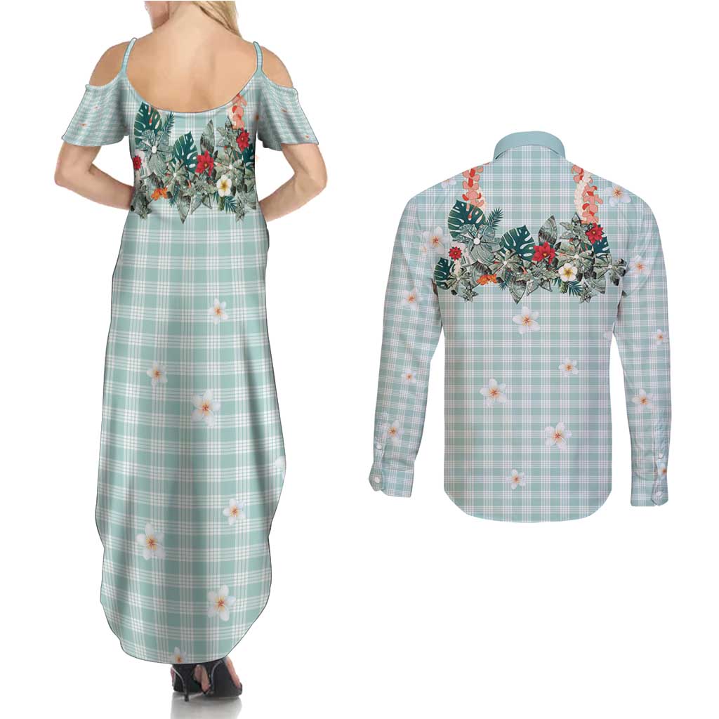 Turquoise Hawaiian Palaka Couples Matching Summer Maxi Dress and Long Sleeve Button Shirt Kukui Nut Money Lei - Polynesian Pride