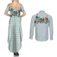 Turquoise Hawaiian Palaka Couples Matching Summer Maxi Dress and Long Sleeve Button Shirt Kukui Nut Money Lei - Polynesian Pride