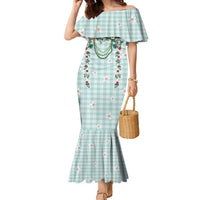 Turquoise Hawaiian Palaka Family Matching Mermaid Dress and Hawaiian Shirt Kukui Nut Money Lei LT9 Mom's Dress Turquoise - Polynesian Pride