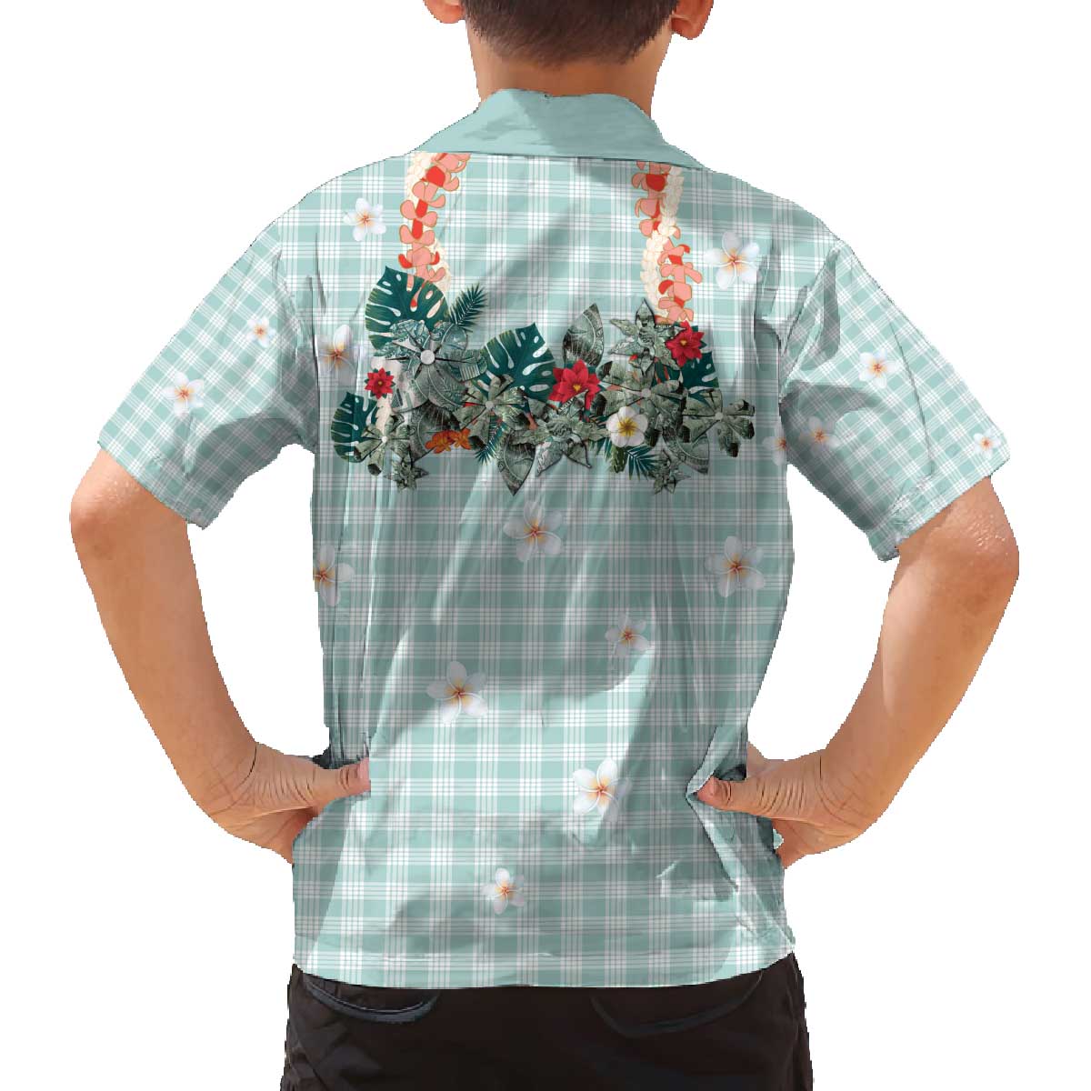 Turquoise Hawaiian Palaka Family Matching Off The Shoulder Long Sleeve Dress and Hawaiian Shirt Kukui Nut Money Lei - Polynesian Pride