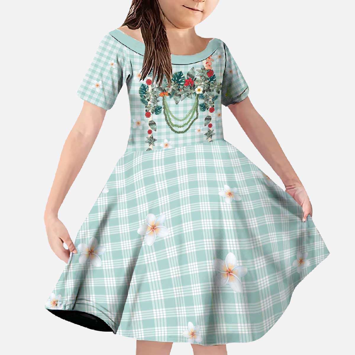 Turquoise Hawaiian Palaka Family Matching Off The Shoulder Long Sleeve Dress and Hawaiian Shirt Kukui Nut Money Lei - Polynesian Pride