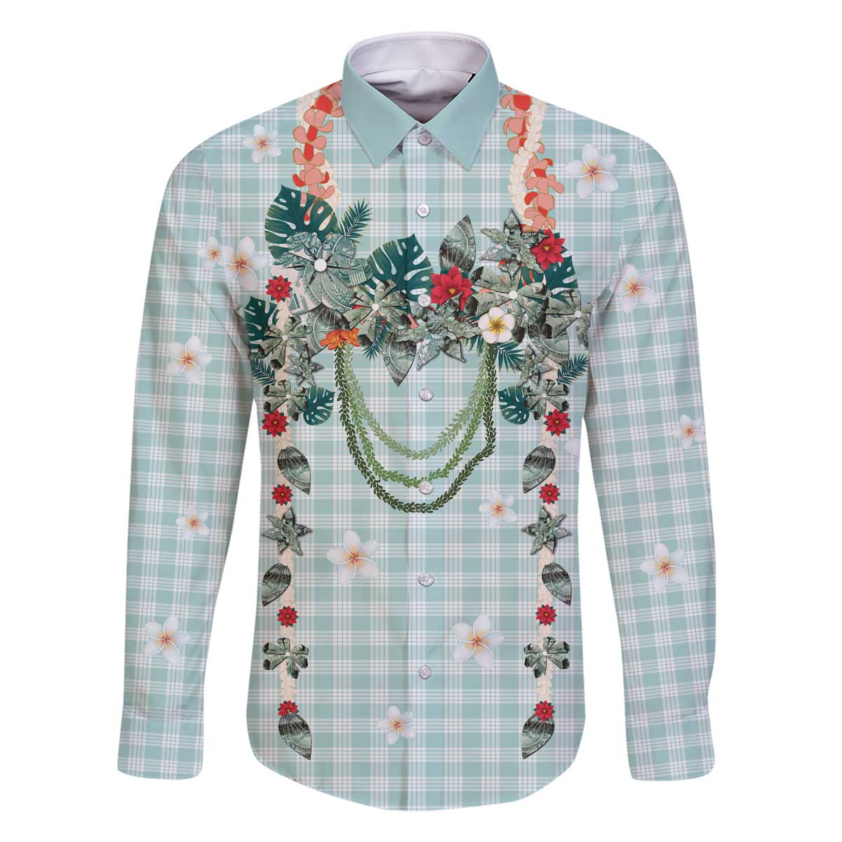 Turquoise Hawaiian Palaka Family Matching Off The Shoulder Long Sleeve Dress and Hawaiian Shirt Kukui Nut Money Lei - Polynesian Pride