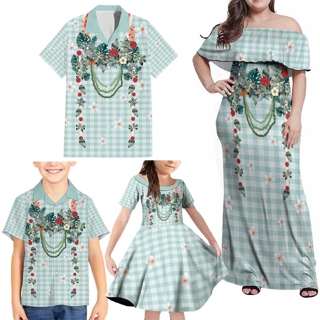 Turquoise Hawaiian Palaka Family Matching Off Shoulder Maxi Dress and Hawaiian Shirt Kukui Nut Money Lei - Polynesian Pride