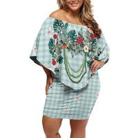 Turquoise Hawaiian Palaka Family Matching Off Shoulder Short Dress and Hawaiian Shirt Kukui Nut Money Lei LT9 Mom's Dress Turquoise - Polynesian Pride