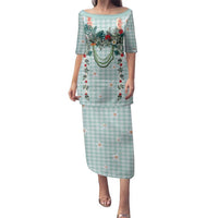 Turquoise Hawaiian Palaka Family Matching Puletasi and Hawaiian Shirt Kukui Nut Money Lei LT9 Mom's Dress Turquoise - Polynesian Pride