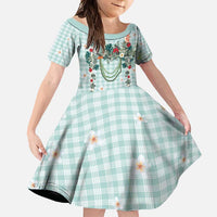 Turquoise Hawaiian Palaka Family Matching Short Sleeve Bodycon Dress and Hawaiian Shirt Kukui Nut Money Lei LT9 Daughter's Dress Turquoise - Polynesian Pride