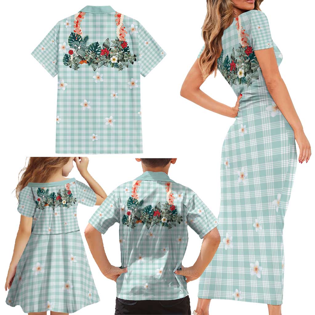 Turquoise Hawaiian Palaka Family Matching Short Sleeve Bodycon Dress and Hawaiian Shirt Kukui Nut Money Lei LT9 - Polynesian Pride