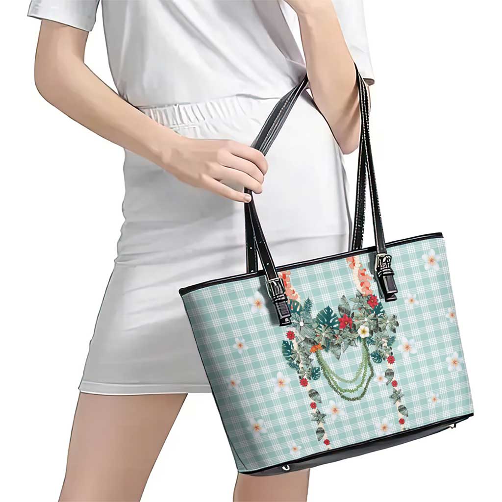 Turquoise Hawaiian Palaka Leather Tote Bag Kukui Nut Money Lei - Polynesian Pride