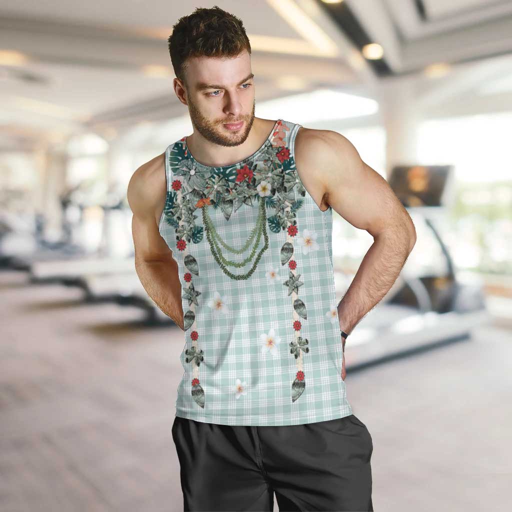 Turquoise Hawaiian Palaka Men Tank Top Kukui Nut Money Lei - Polynesian Pride