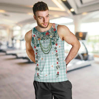 Turquoise Hawaiian Palaka Men Tank Top Kukui Nut Money Lei - Polynesian Pride
