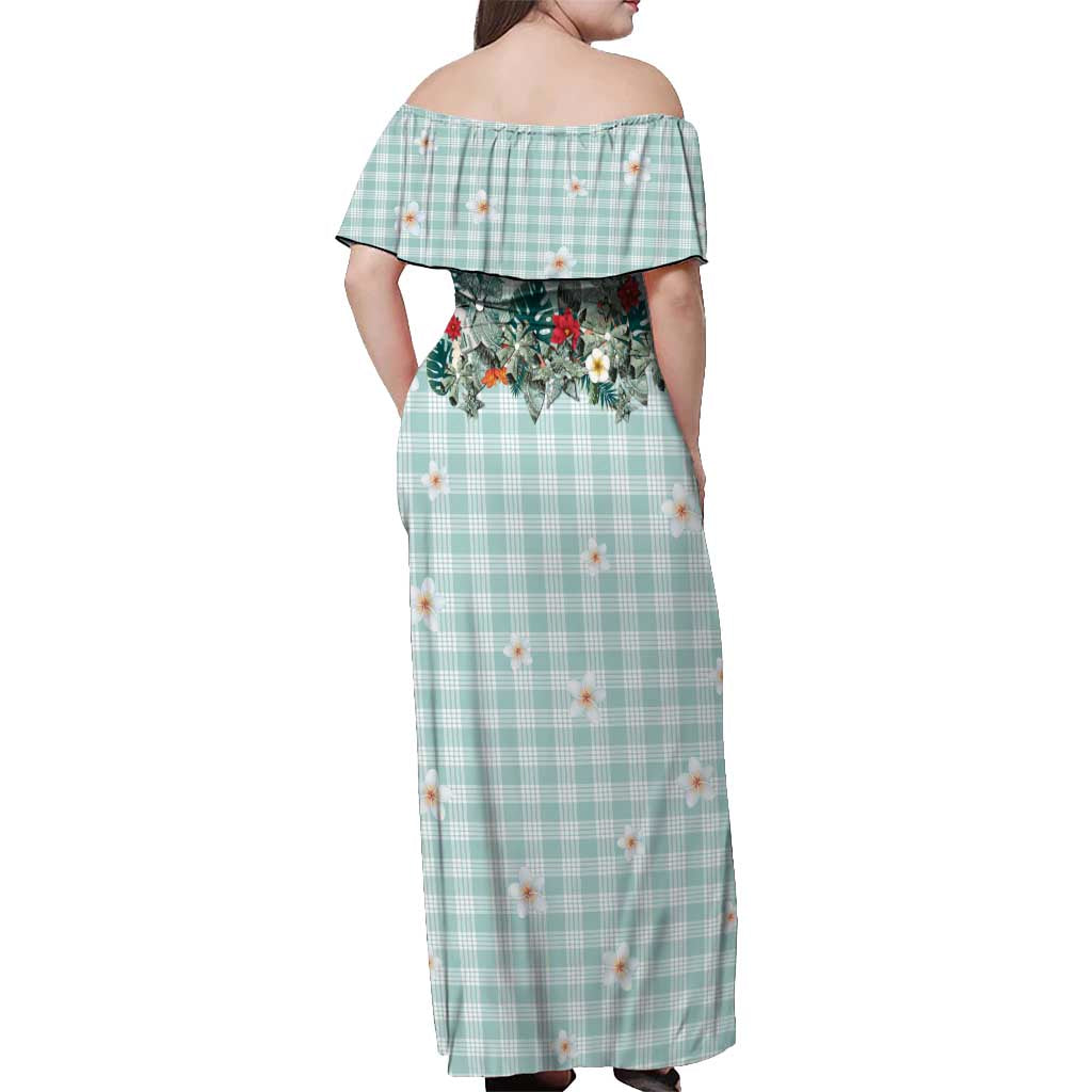 Turquoise Hawaiian Palaka Off Shoulder Maxi Dress Kukui Nut Money Lei - Polynesian Pride