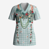 Turquoise Hawaiian Palaka Scrub Top Kukui Nut Money Lei - Polynesian Pride